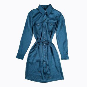WHBM Belted Shirt Dress 0/S Long Sleeve Digital Teal Satin Sheen Y2K Preppy Chic